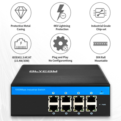Gigabit Industrial Unmanaged PoE Media Converter 8 Порт 120 Вт 240 Вт Выход DC48V