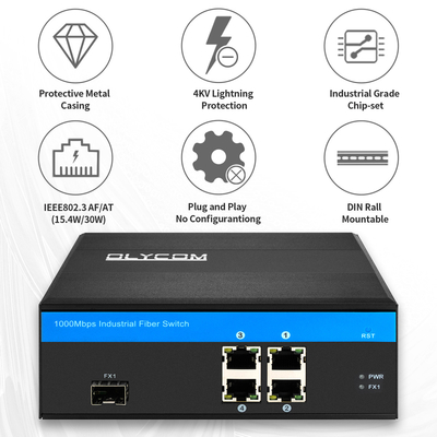 Гигабитный 5-портный Ethernet POE Fiber Switch 120W Бюджетный неуправляемый промышленных слотов SFP