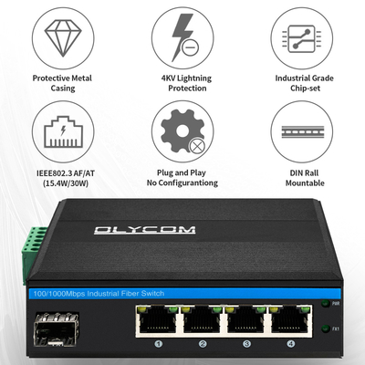 5 портов SFP PoE Switch Гигабитная сеть PoE/PoE+ 120W Бюджет DC48V без вентилятора CE FCC