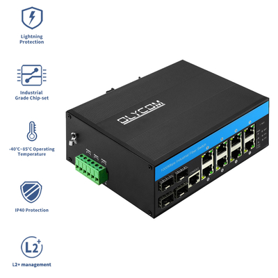 12 портов Управляемый DC48v Промышленный переключатель Poe Din Rail Гигабитный Ethernet