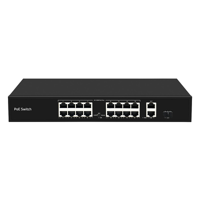 16 портов PoE Af/At CCTV Poe Switch 10/100M Поддержка VLAN 250m Режим 300W Бюджет