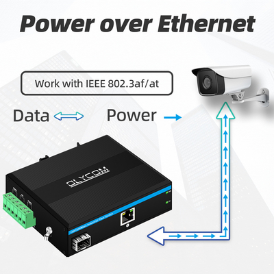 Индустриальный преобразователь медиа PoE Гигабитный Ethernet 30W 48V Выход Din Rail Неуправляемый