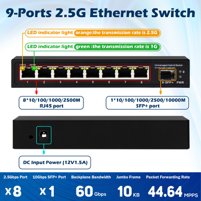 9 портов Неуправляемый 2.5G Ethernet Switch с 10G Uplink SFP порт 60Gbps Общая пропускная способность