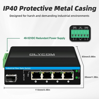 5 портов Industrial Poe Network Switch DC12/24/48V Вход 1SFP+4RJ45 Гигабитный Ethernet Switch