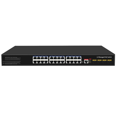 24 порта PoE Switch 10G Fiber300W Бюджетная консоль USB L3 Управляемый вход переменного тока