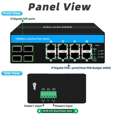 8 портовый гигабитный коммутатор POE промышленный коммутатор Ethernet 4SFP+8RJ45 DC48V Двойной вход питания