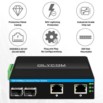 Промышленный коммутатор POE с 2 портами SFP + 2 портами RJ45, защитой от перенапряжения 6 кВ и входом питания 48 В постоянного тока для наружного использования